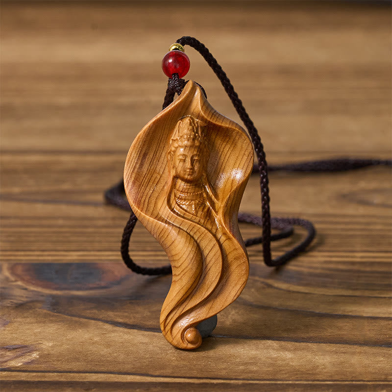 Buddha Stones Guanyin Kwan Yin Avalokiteśvara Lotusblatt Platycladus Orientalis Holz Reichtum Halskette Anhänger - image 1