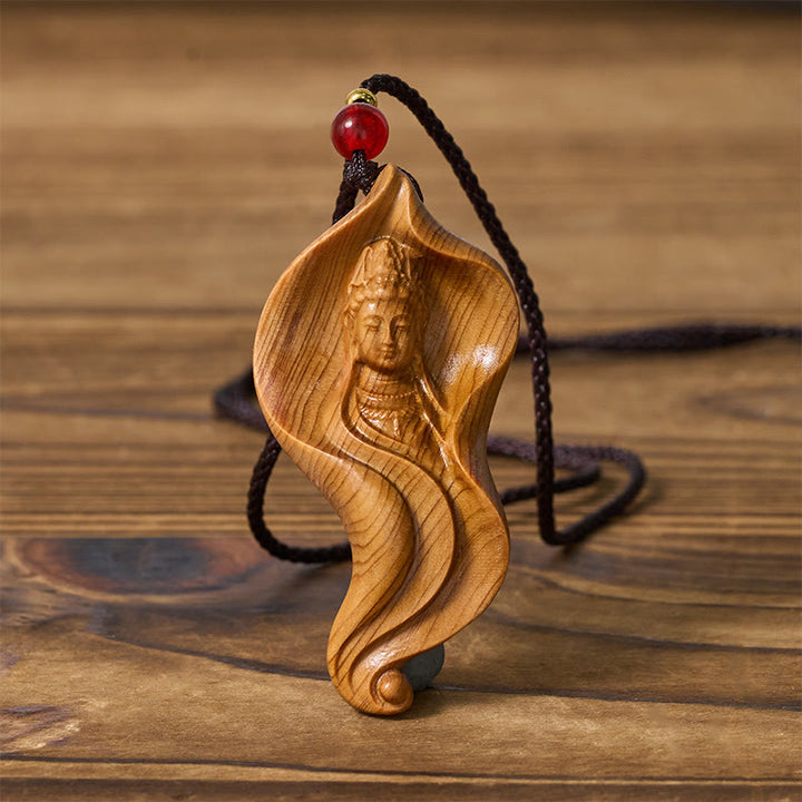 Buddha Stones Guanyin Kwan Yin Avalokiteśvara Lotusblatt Platycladus Orientalis Holz Reichtum Halskette Anhänger - image 1