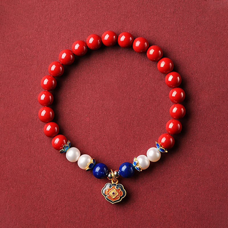 Buddha Stones Armband mit chinesischem Schlossanhänger aus Zinnober und Lapislazuli - Imperial Cinnabar (Handgelenkumfang 14-15 cm) - image 9