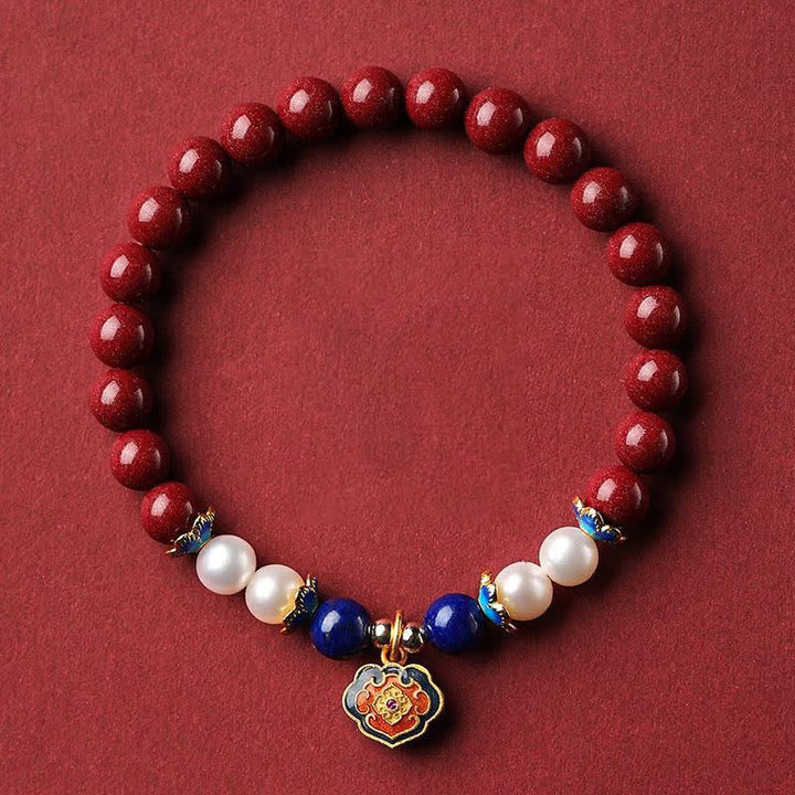 Buddha Stones Armband mit chinesischem Schlossanhänger aus Zinnober und Lapislazuli - Zinnober (Handgelenkumfang 14-15 cm) - image 0
