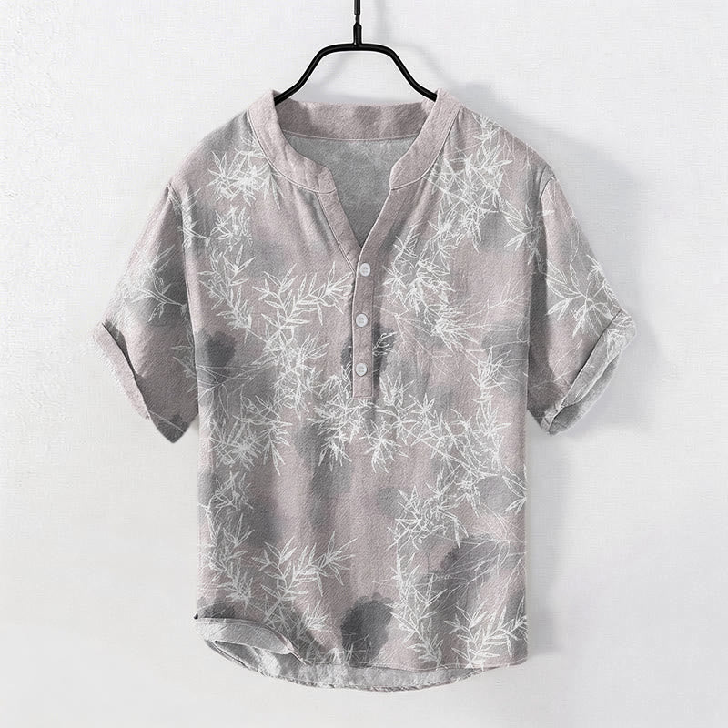 Buddha Stones Kurzarmhemd aus Baumwolle mit Bambusblattmuster für Herren, halb geknöpft, kurzärmelig, mit halber Knopfleiste - Hellgrau - US/ UK/AU50, EU60 (5XL) - image 0
