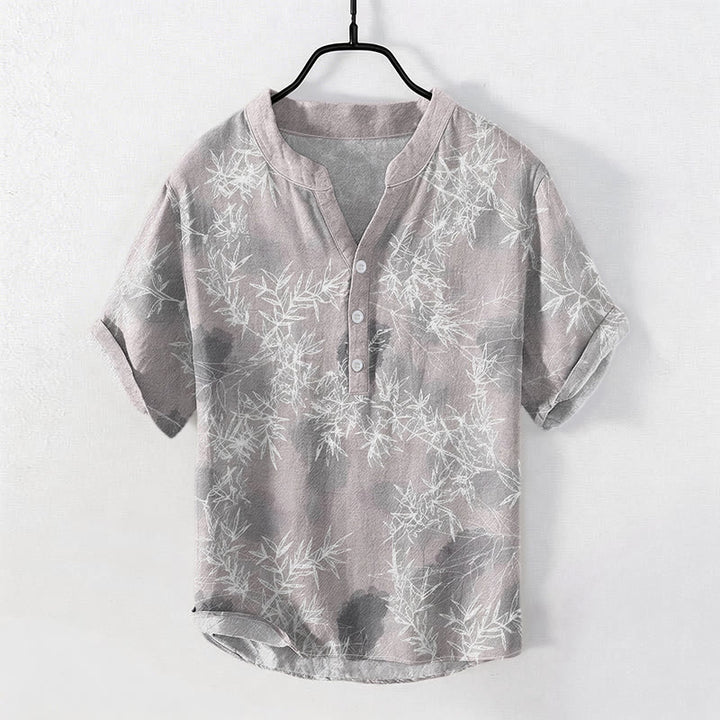 Buddha Stones Kurzarmhemd aus Baumwolle mit Bambusblattmuster für Herren, halb geknöpft, kurzärmelig, mit halber Knopfleiste - Hellgrau - US/ UK/AU50, EU60 (5XL) - image 0