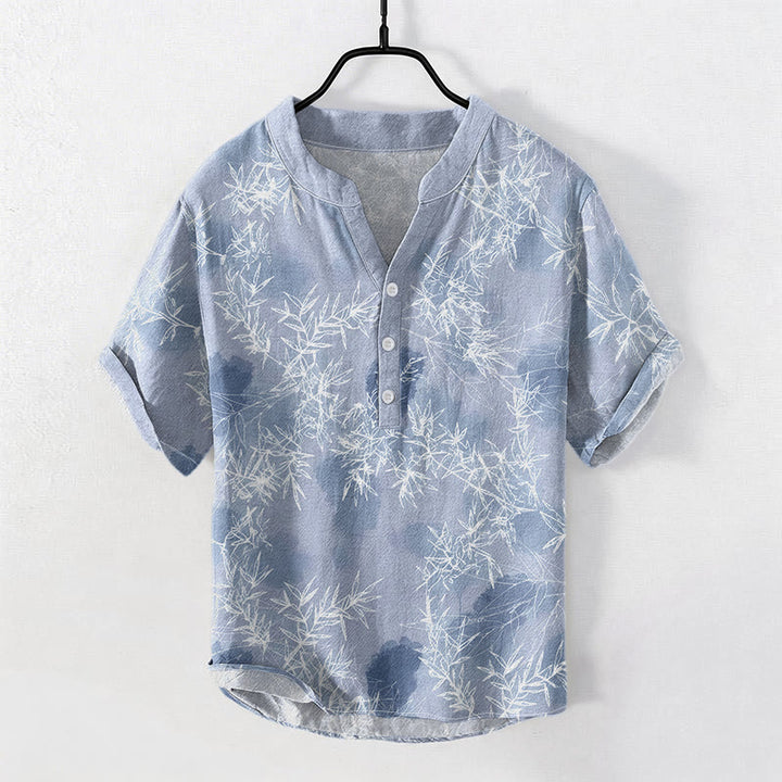 Buddha Stones Kurzarmhemd aus Baumwolle mit Bambusblattmuster für Herren, halb geknöpft, kurzärmelig, mit halber Knopfleiste - Hellstahlblau - US/ UK/AU50, EU60 (5XL) - image 3
