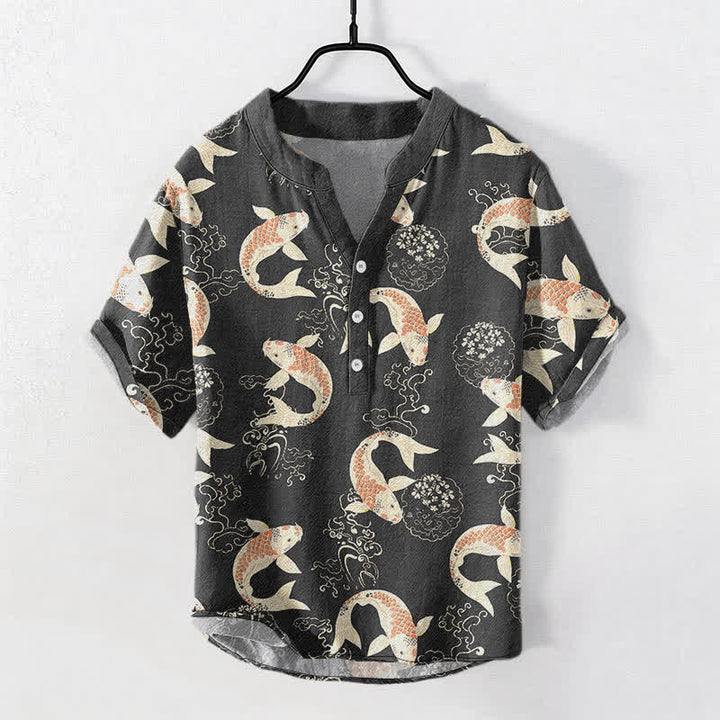 Buddha Stones Kurzarmhemd aus Baumwolle mit Koi-Fisch-Wellenmuster für Herren, halb geknöpft - Schwarz - US/ UK/AU50, EU60 (5XL) - image 0