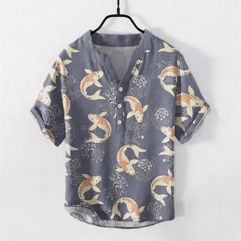 Buddha Stones Kurzarmhemd aus Baumwolle mit Koi-Fisch-Wellenmuster für Herren, halb geknöpft - Schiefergrau - US/ UK/AU50, EU60 (5XL) - image 5