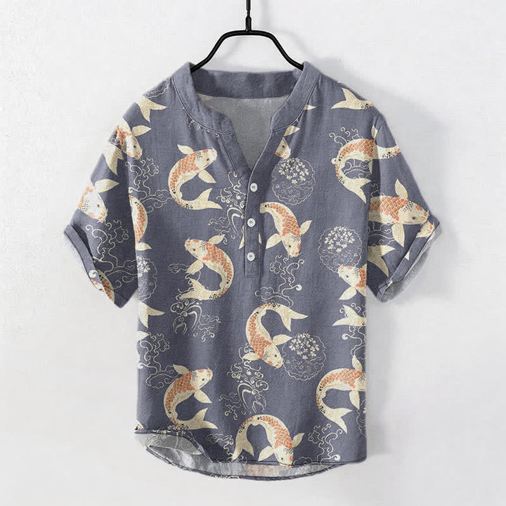 Buddha Stones Kurzarmhemd aus Baumwolle mit Koi-Fisch-Wellenmuster für Herren, halb geknöpft - Schiefergrau - US/ UK/AU50, EU60 (5XL) - image 5