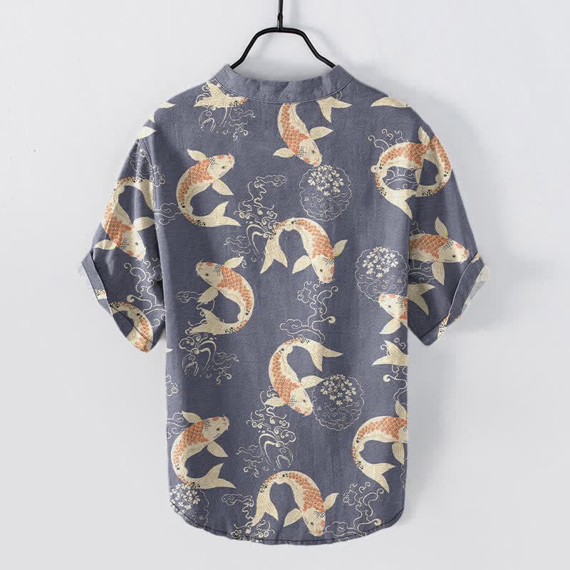 Buddha Stones Kurzarmhemd aus Baumwolle mit Koi-Fisch-Wellenmuster für Herren, halb geknöpft - image 6