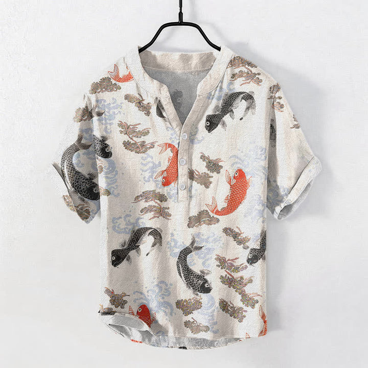 Buddha Stones Kurzarmhemd aus Baumwolle mit Koi-Fisch- und Wellenmuster, Herren, halb geknöpft, Kurzarm - Leinen - US/UK/AU50, EU60 (5XL) - image 0