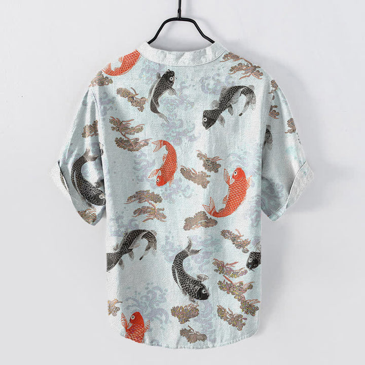 Buddha Stones Kurzarmhemd aus Baumwolle mit Koi-Fisch- und Wellenmuster, Herren, halb geknöpft, Kurzarm - image 4