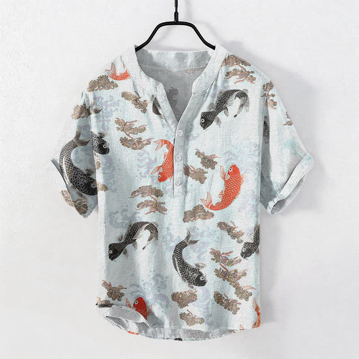 Buddha Stones Kurzarmhemd aus Baumwolle mit Koi-Fisch- und Wellenmuster, Herren, halb geknöpft, Kurzarm - Hellcyan - US/UK/AU50, EU60 (5XL) - image 3