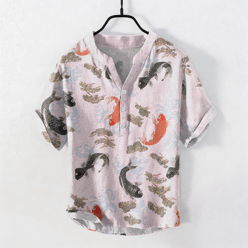Buddha Stones Kurzarmhemd aus Baumwolle mit Koi-Fisch- und Wellenmuster, Herren, halb geknöpft, Kurzarm - Lavendel-Rouge - US/UK/AU50, EU60 (5XL) - image 5