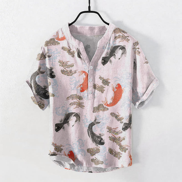 Buddha Stones Kurzarmhemd aus Baumwolle mit Koi-Fisch- und Wellenmuster, Herren, halb geknöpft, Kurzarm - Lavendel-Rouge - US/UK/AU50, EU60 (5XL) - image 5