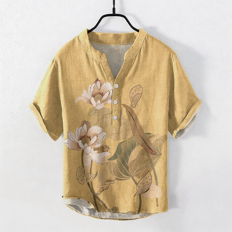 Buddha Stones Kurzarm-Herrenhemd aus Baumwolle mit handbemaltem Lotusmuster und halber Knopfleiste - Weizen - US/ UK/AU50, EU60 (5XL) - image 0