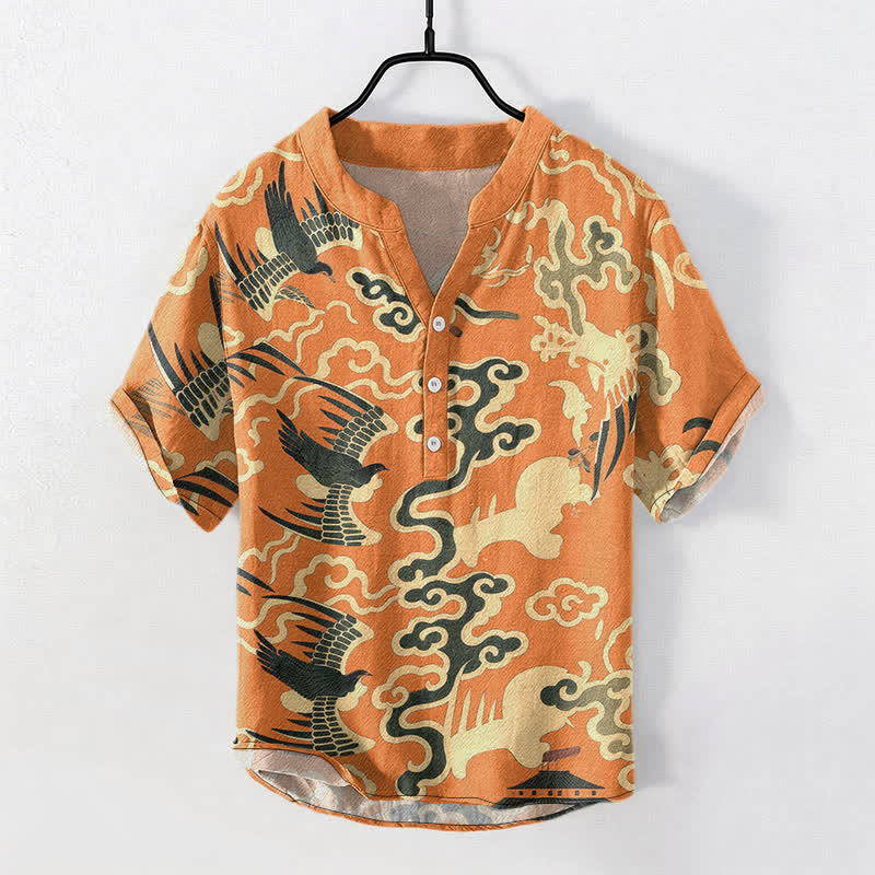 Buddha Stones Kurzarm-Herrenhemd aus Baumwolle mit Kranich- und Wolkenmotiv, halb geknöpft - Dunkelorange - US/ UK/AU50, EU60 (5XL) - image 0