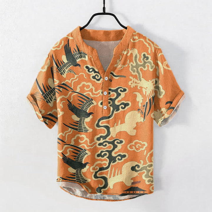 Buddha Stones Kurzarm-Herrenhemd aus Baumwolle mit Kranich- und Wolkenmotiv, halb geknöpft - Dunkelorange - US/ UK/AU50, EU60 (5XL) - image 0