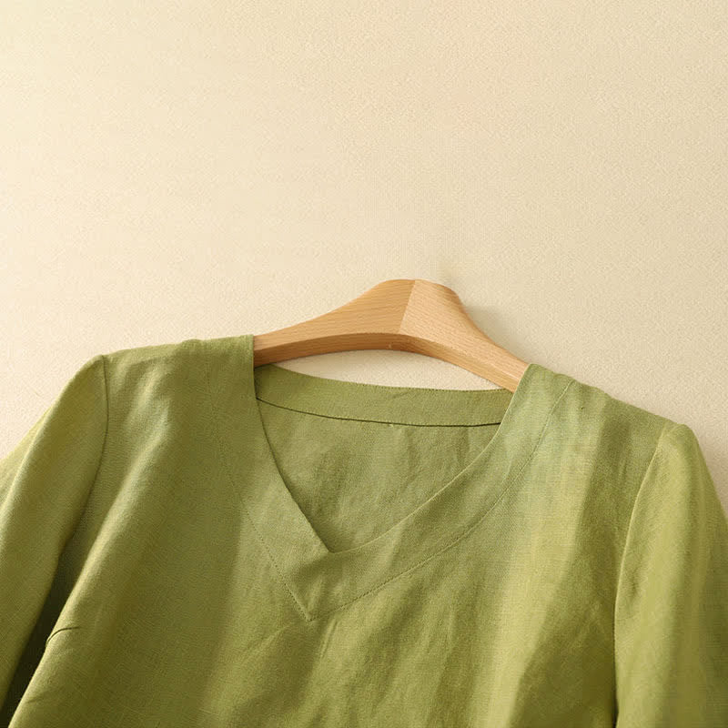 Buddha Stones Minimalistisches Sommer-T-Shirt mit V-Ausschnitt, einfarbig, Kurzarm, für Damen - image 1
