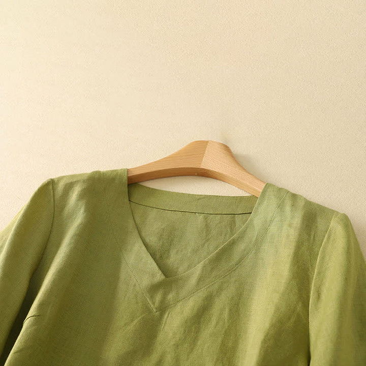 Buddha Stones Minimalistisches Sommer-T-Shirt mit V-Ausschnitt, einfarbig, Kurzarm, für Damen - image 1