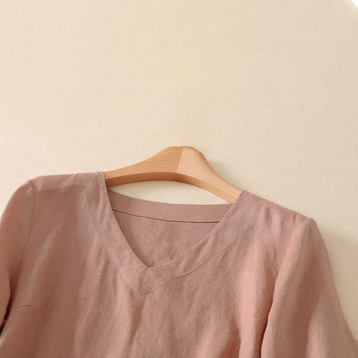 Buddha Stones Minimalistisches Sommer-T-Shirt mit V-Ausschnitt, einfarbig, Kurzarm, für Damen - image 6