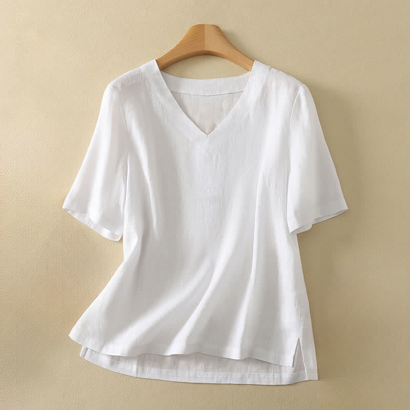 Buddha Stones Minimalistisches Sommer-T-Shirt mit V-Ausschnitt, einfarbig, Kurzarm, für Damen - Weiß - US 8-10, UK/AU 12-14, EU 40-42 (2XL) - image 10
