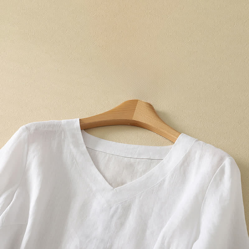 Buddha Stones Minimalistisches Sommer-T-Shirt mit V-Ausschnitt, einfarbig, Kurzarm, für Damen - image 12