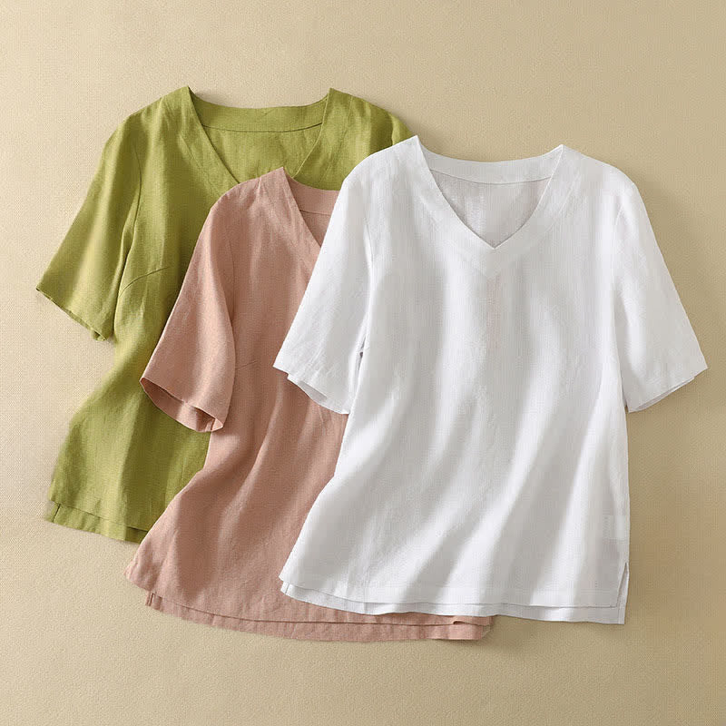 Buddha Stones Minimalistisches Sommer-T-Shirt mit V-Ausschnitt, einfarbig, Kurzarm, für Damen - image 20