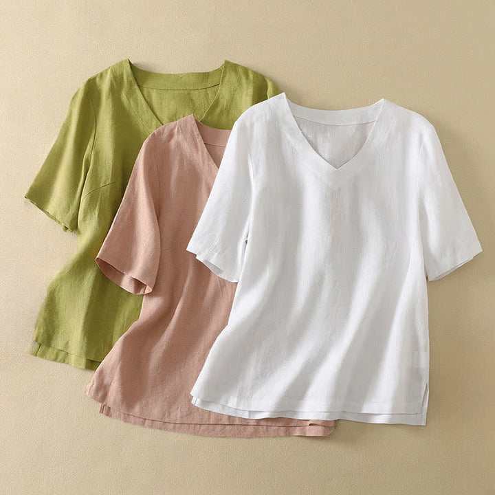 Buddha Stones Minimalistisches Sommer-T-Shirt mit V-Ausschnitt, einfarbig, Kurzarm, für Damen - image 20