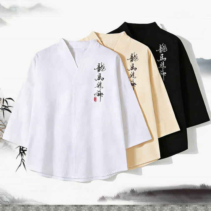 Buddha Stones Sommerliches Tang-Style-T-Shirt mit Stickerei, Stehkragen, Kalligrafie-Print und Ellbogenlänge für Herren - image 4