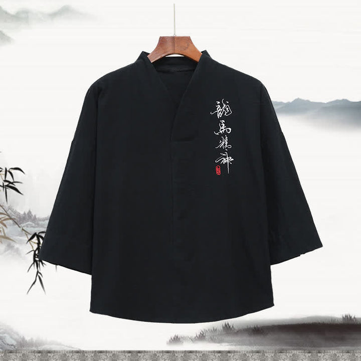 Buddha Stones Sommerliches Tang-Style-T-Shirt mit Stickerei, Stehkragen, Kalligrafie-Print und Ellbogenlänge für Herren - Schwarz - US/UK/AU46, EU56 (5XL) - image 0