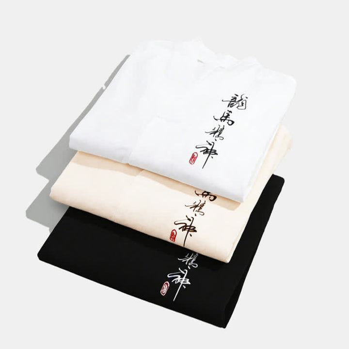 Buddha Stones Sommerliches Tang-Style-T-Shirt mit Stickerei, Stehkragen, Kalligrafie-Print und Ellbogenlänge für Herren - image 5