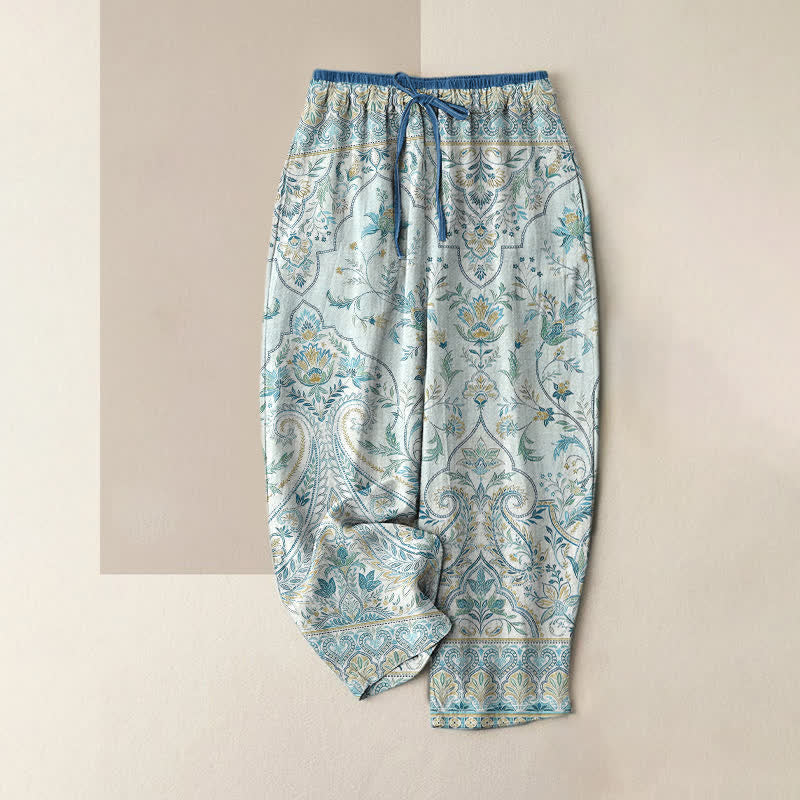 Buddha Stones Sommerliche Baumwollhose für Damen mit Paisley-Blumenmuster, elastischem Bund und Taschen - Hellblau - US16, UK/AU20, EU48 (3XL) - image 0