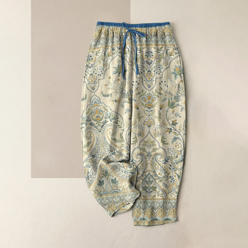 Buddha Stones Sommerliche Baumwollhose für Damen mit Paisley-Blumenmuster, elastischem Bund und Taschen - Beige - US16, UK/AU20, EU48 (3XL) - image 3