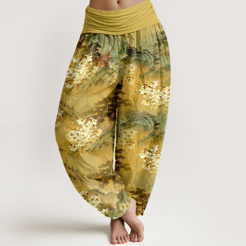 Buddha Stones Damen-Haremshose aus reiner Baumwolle mit böhmischem Aquarell-Blumenmuster und elastischem Bund - Goldrute - US16, UK/AU20, EU48 (3XL) - image 0