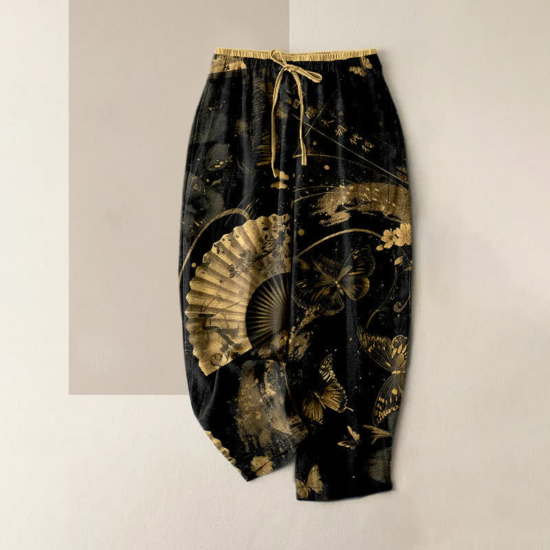 Buddha Stones Damenhose mit elastischem Bund und Taschen, verziert mit goldenem Schmetterlings-, Fächer- und Blumenmuster - Schwarz - US16, UK/AU20, EU48 (3XL) - image 0
