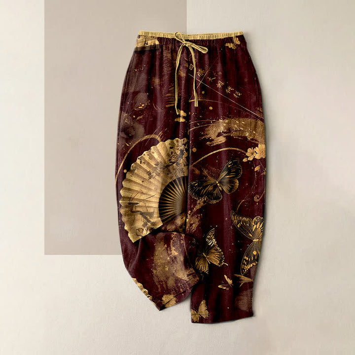Buddha Stones Damenhose mit elastischem Bund und Taschen, verziert mit goldenem Schmetterlings-, Fächer- und Blumenmuster - Kastanienbraun - US16, UK/AU20, EU48 (3XL) - image 4