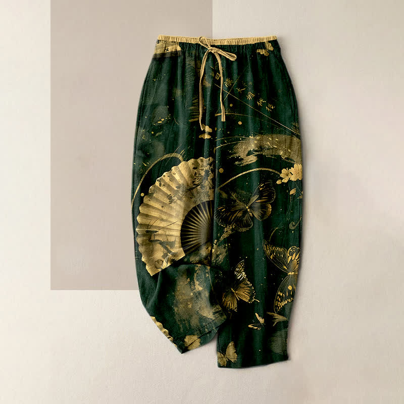 Buddha Stones Damenhose mit elastischem Bund und Taschen, verziert mit goldenem Schmetterlings-, Fächer- und Blumenmuster - Dunkelgrün - US16, UK/AU20, EU48 (3XL) - image 5