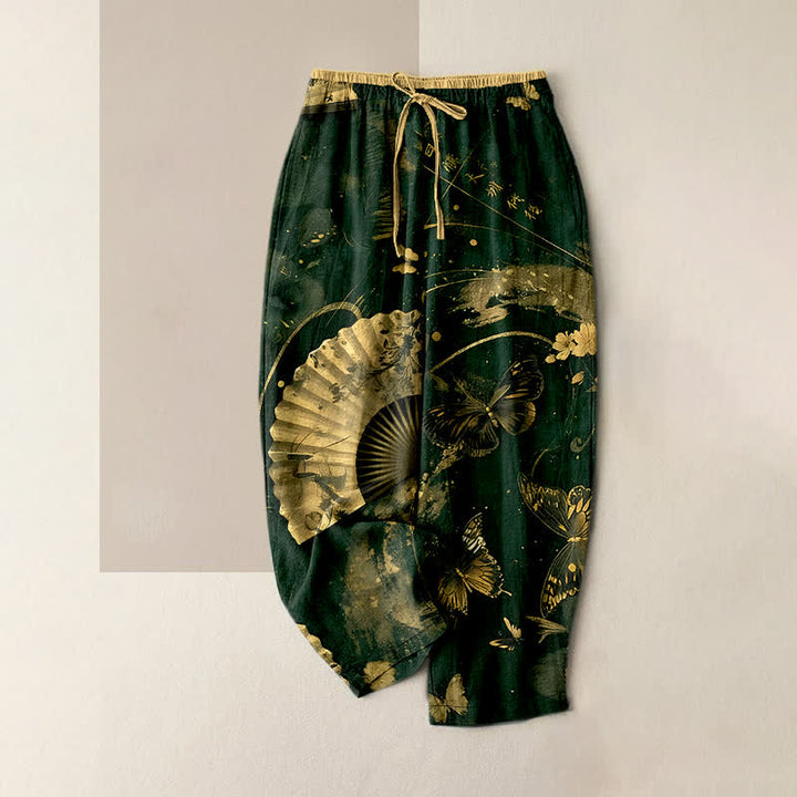 Buddha Stones Damenhose mit elastischem Bund und Taschen, verziert mit goldenem Schmetterlings-, Fächer- und Blumenmuster - Dunkelgrün - US16, UK/AU20, EU48 (3XL) - image 5