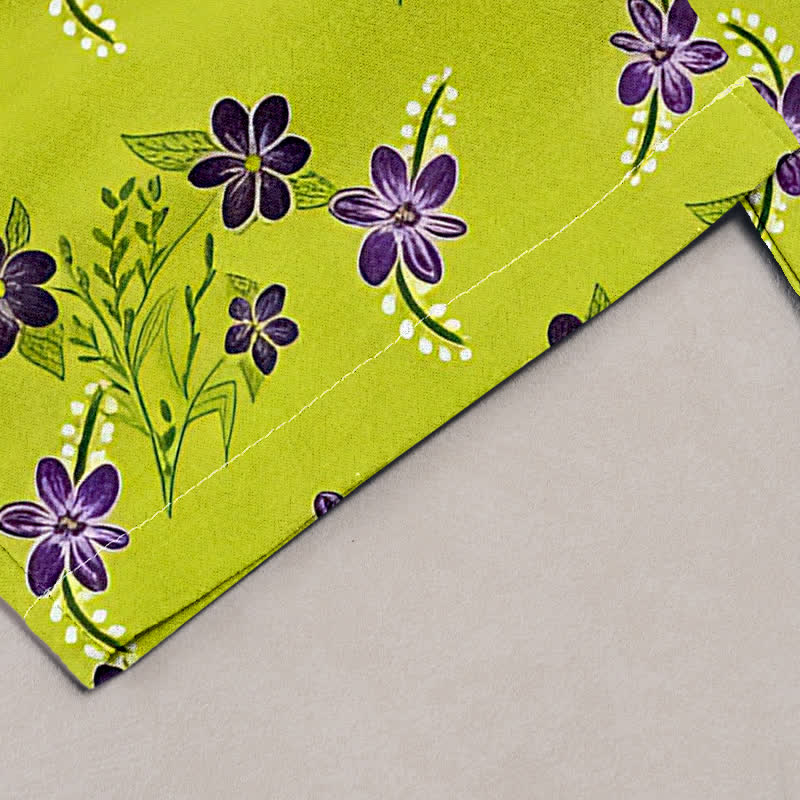 Buddha Stones Damenhose aus reiner Baumwolle mit lila Blumen- und Blättermuster, elastischem Bund und Taschen - image 1