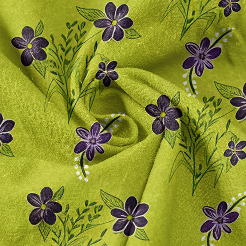 Buddha Stones Damenhose aus reiner Baumwolle mit lila Blumen- und Blättermuster, elastischem Bund und Taschen - image 2