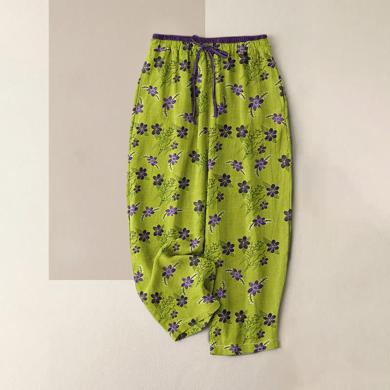Buddha Stones Damenhose aus reiner Baumwolle mit lila Blumen- und Blättermuster, elastischem Bund und Taschen - Gelbgrün - US16, UK/AU20, EU48 (3XL) - image 0