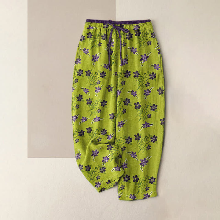 Buddha Stones Damenhose aus reiner Baumwolle mit lila Blumen- und Blättermuster, elastischem Bund und Taschen - Gelbgrün - US16, UK/AU20, EU48 (3XL) - image 0