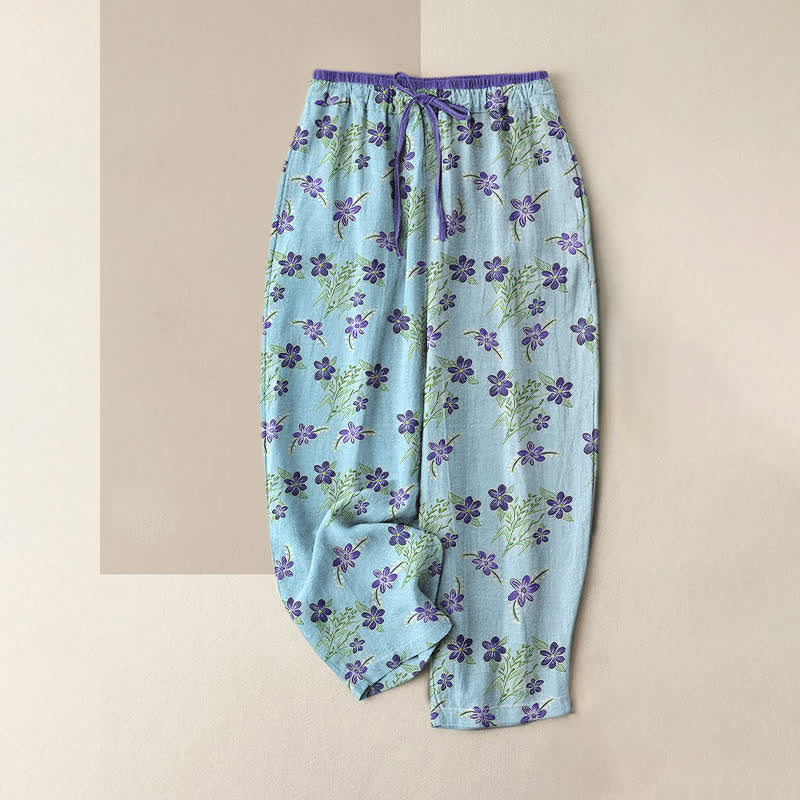 Buddha Stones Damenhose aus reiner Baumwolle mit lila Blumen- und Blättermuster, elastischem Bund und Taschen - Helltürkis - US16, UK/AU20, EU48 (3XL) - image 3