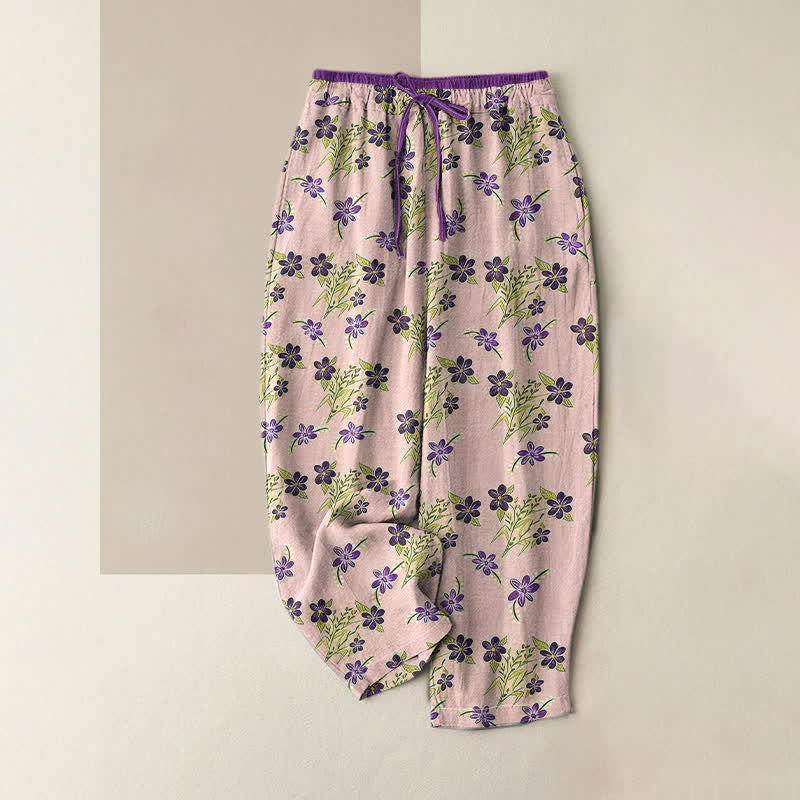 Buddha Stones Damenhose aus reiner Baumwolle mit lila Blumen- und Blättermuster, elastischem Bund und Taschen - Rosa - US16, UK/AU20, EU48 (3XL) - image 4