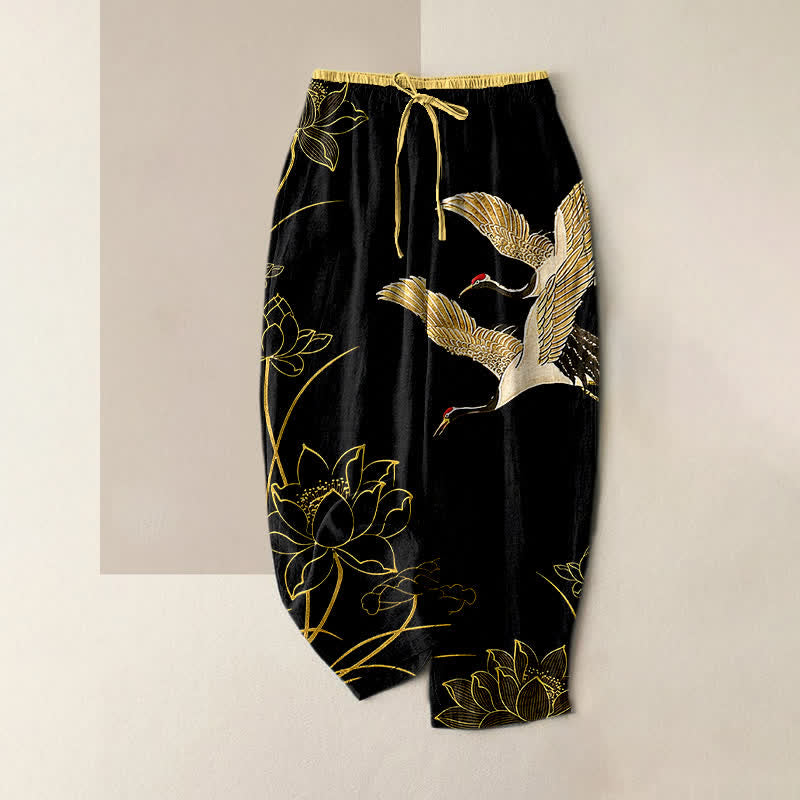 Buddha Stones Damenhose aus reiner Baumwolle mit Kranich- und Lotusmuster, elastischem Bund und Taschen - Schwarz - US16, UK/AU20, EU48 (3XL) - image 0