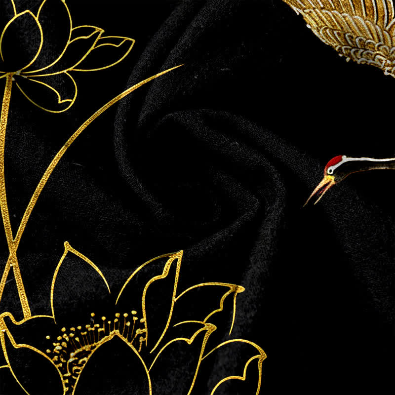 Buddha Stones Damenhose aus reiner Baumwolle mit Kranich- und Lotusmuster, elastischem Bund und Taschen - image 3