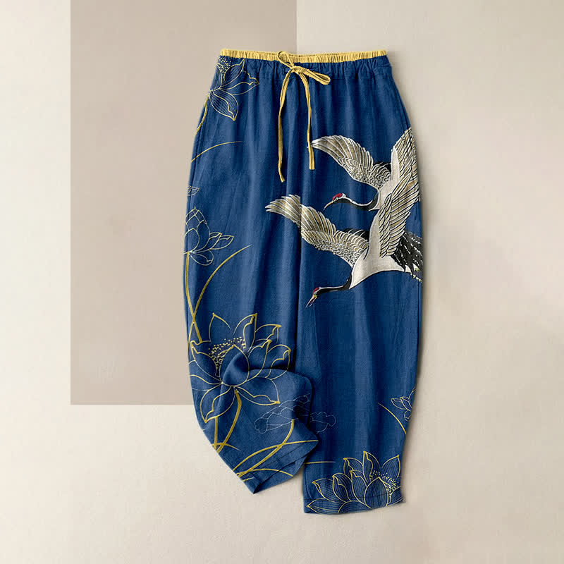 Buddha Stones Damenhose aus reiner Baumwolle mit Kranich- und Lotusmuster, elastischem Bund und Taschen - SteelBlue - US16, UK/AU20, EU48 (3XL) - image 4