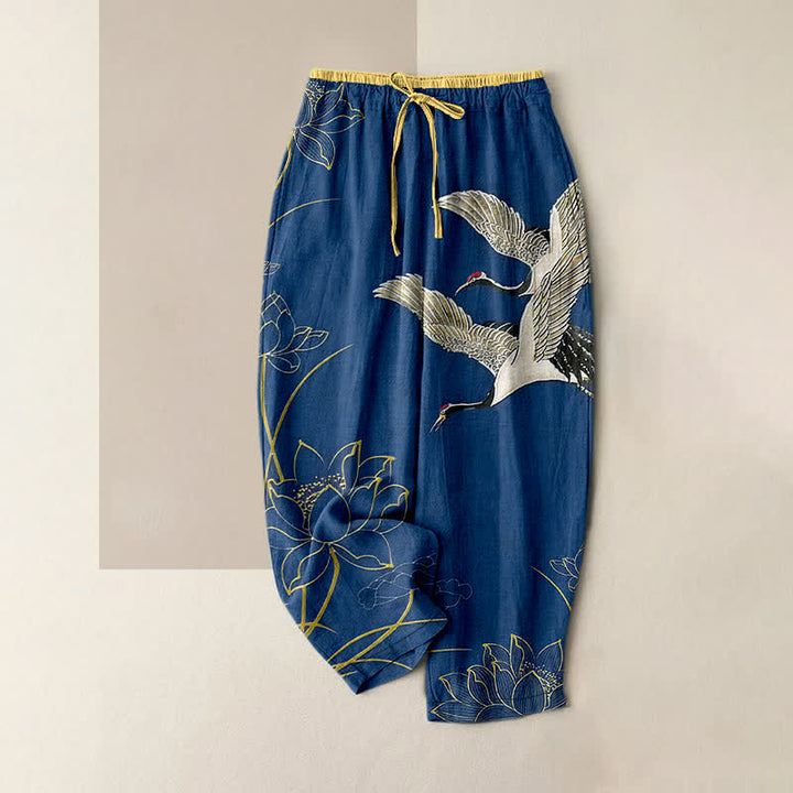 Buddha Stones Damenhose aus reiner Baumwolle mit Kranich- und Lotusmuster, elastischem Bund und Taschen - SteelBlue - US16, UK/AU20, EU48 (3XL) - image 4
