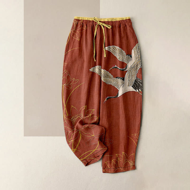 Buddha Stones Damenhose aus reiner Baumwolle mit Kranich- und Lotusmuster, elastischem Bund und Taschen - Braun - US16, UK/AU20, EU48 (3XL) - image 5