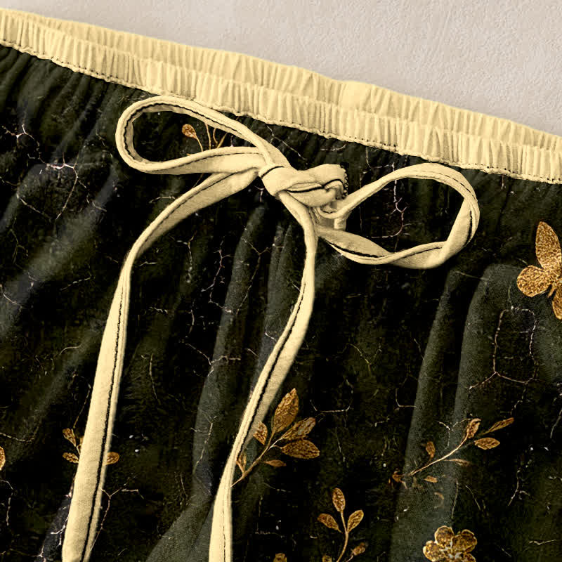 Buddha Stones Damenhose aus reiner Baumwolle mit goldenem Schmetterlings- und Blumenmuster, elastischem Bund und Taschen - image 1