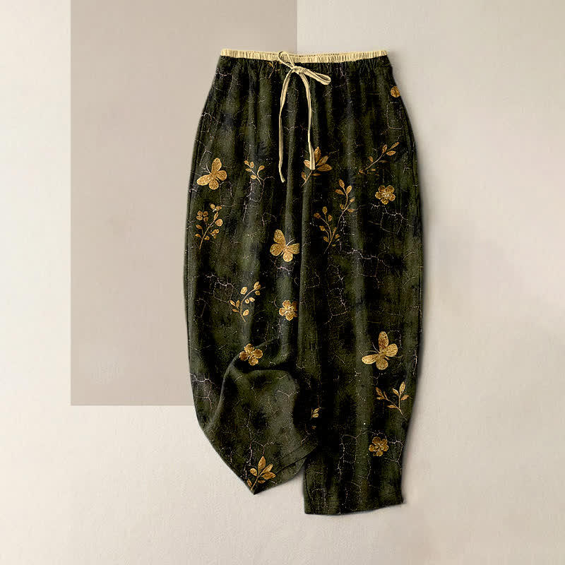 Buddha Stones Damenhose aus reiner Baumwolle mit goldenem Schmetterlings- und Blumenmuster, elastischem Bund und Taschen - Olive - US16, UK/AU20, EU48 (3XL) - image 0