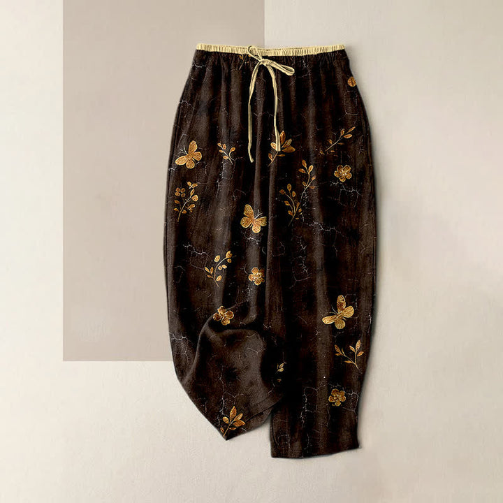 Buddha Stones Damenhose aus reiner Baumwolle mit goldenem Schmetterlings- und Blumenmuster, elastischem Bund und Taschen - Sattelbraun - US16, UK/AU20, EU48 (3XL) - image 4